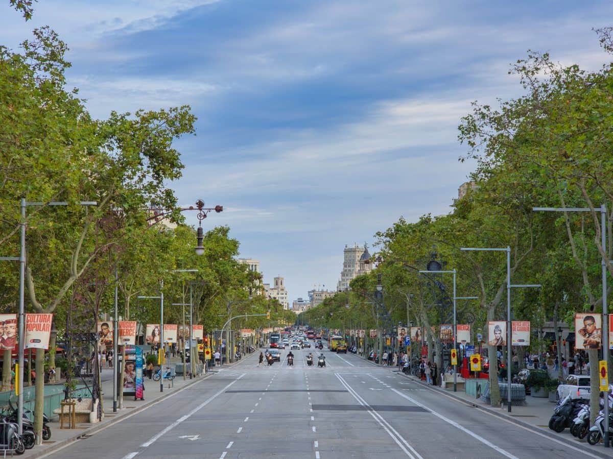 Il passeig de Gràcia a Barcellona, un ampio viale alberato con platani e poco traffico